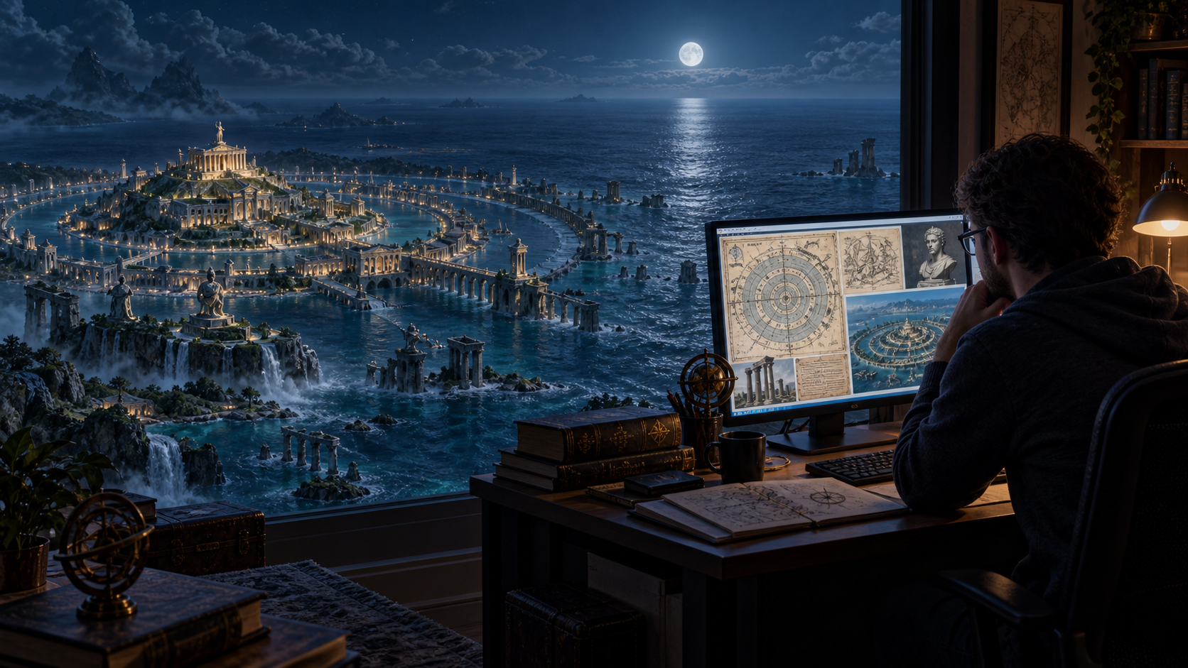 Atlantis concept art: a circular ocean city and an explorer studying maps at a desk at night